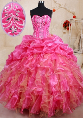 Sweet Hot Pink Ball Gowns Sweetheart Sleeveless Organza Floor Length Lace Up Beading and Ruffles and Pick Ups Quince Ball Gowns
