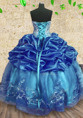 Teal Strapless Lace Up Beading and Embroidery and Ruffles Sweet 16 Quinceanera Dress Sleeveless