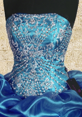 Teal Strapless Lace Up Beading and Embroidery and Ruffles Sweet 16 Quinceanera Dress Sleeveless