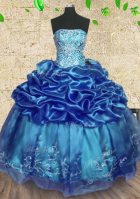 Teal Strapless Lace Up Beading and Embroidery and Ruffles Sweet 16 Quinceanera Dress Sleeveless