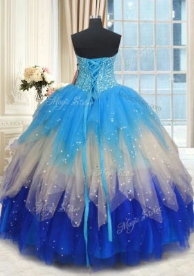 Vintage Multi-color Ball Gowns Beading and Ruffles Quinceanera Dresses Lace Up Tulle Sleeveless Floor Length
