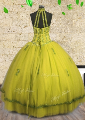 Yellow Halter Top Neckline Beading Quinceanera Dress Sleeveless Lace Up