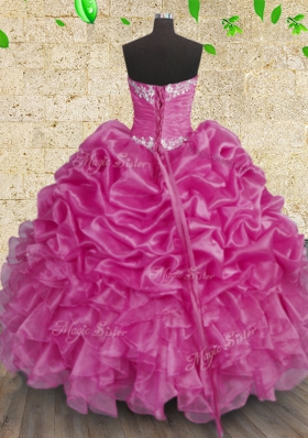 Beauteous Floor Length Fuchsia Quinceanera Gowns Organza Sleeveless Beading and Appliques and Ruffles and Ruching