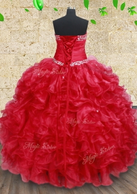 Beautiful Red Quince Ball Gowns Military Ball and Sweet 16 and Quinceanera and For with Beading and Ruffles Sweetheart Sleeveless Lace Up
