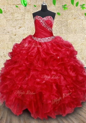 Beautiful Red Quince Ball Gowns Military Ball and Sweet 16 and Quinceanera and For with Beading and Ruffles Sweetheart Sleeveless Lace Up