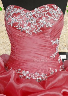 Coral Red Sleeveless Organza Lace Up Quinceanera Gowns for Military Ball and Sweet 16 and Quinceanera