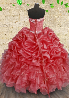 Coral Red Sleeveless Organza Lace Up Quinceanera Gowns for Military Ball and Sweet 16 and Quinceanera