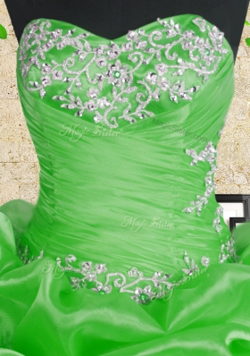 Dazzling Sleeveless Organza Floor Length Lace Up 15th Birthday Dress in Green for with Beading and Appliques and Ruffles and Ruching