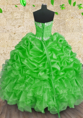 Dazzling Sleeveless Organza Floor Length Lace Up 15th Birthday Dress in Green for with Beading and Appliques and Ruffles and Ruching