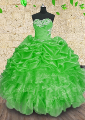 Dazzling Sleeveless Organza Floor Length Lace Up 15th Birthday Dress in Green for with Beading and Appliques and Ruffles and Ruching