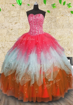Floor Length Multi-color Quinceanera Gown Tulle Sleeveless Beading and Ruffles and Ruffled Layers