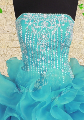Glorious Aqua Blue 15 Quinceanera Dress Military Ball and Sweet 16 and Quinceanera and For with Beading and Ruffles Strapless Sleeveless Lace Up