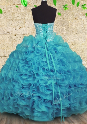 Glorious Aqua Blue 15 Quinceanera Dress Military Ball and Sweet 16 and Quinceanera and For with Beading and Ruffles Strapless Sleeveless Lace Up