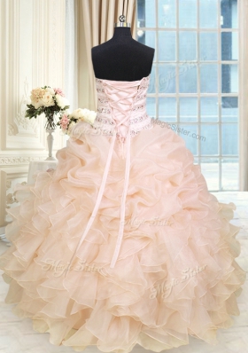 Latest Beading and Ruffles Quinceanera Gowns Peach Lace Up Sleeveless Floor Length