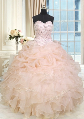 Latest Beading and Ruffles Quinceanera Gowns Peach Lace Up Sleeveless Floor Length
