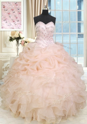 Latest Beading and Ruffles Quinceanera Gowns Peach Lace Up Sleeveless Floor Length