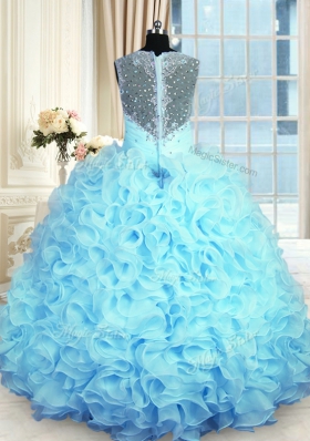 Aqua Blue Sleeveless Organza Zipper Ball Gown Prom Dress for Military Ball and Sweet 16 and Quinceanera