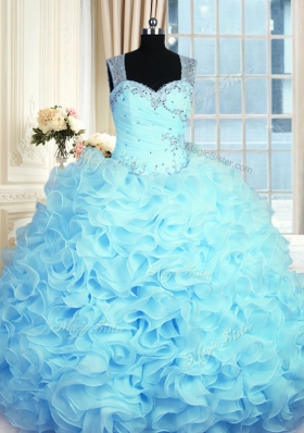 Aqua Blue Sleeveless Organza Zipper Ball Gown Prom Dress for Military Ball and Sweet 16 and Quinceanera