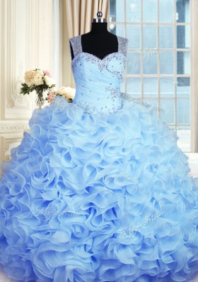 Baby Blue Sleeveless Organza Zipper Quinceanera Gowns for Military Ball and Sweet 16 and Quinceanera