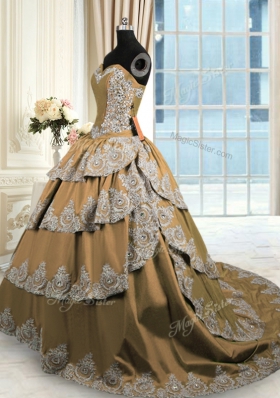 Brown Sweetheart Lace Up Beading and Appliques and Ruffled Layers Quinceanera Dresses Court Train Sleeveless