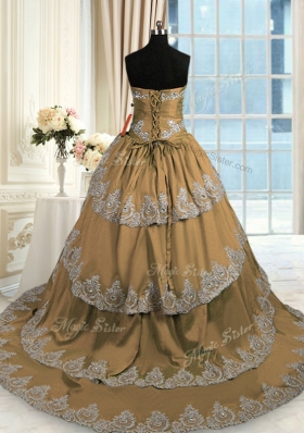 Brown Sweetheart Lace Up Beading and Appliques and Ruffled Layers Quinceanera Dresses Court Train Sleeveless