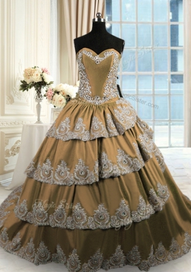 Brown Sweetheart Lace Up Beading and Appliques and Ruffled Layers Quinceanera Dresses Court Train Sleeveless