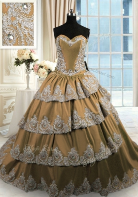 Brown Sweetheart Lace Up Beading and Appliques and Ruffled Layers Quinceanera Dresses Court Train Sleeveless