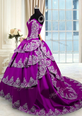 Eggplant Purple Ball Gowns Sweetheart Sleeveless Taffeta With Train Lace Up Beading and Appliques and Ruffled Layers Quinceanera Gowns