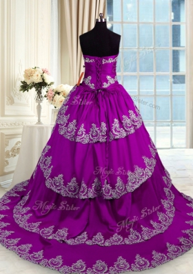 Eggplant Purple Ball Gowns Sweetheart Sleeveless Taffeta With Train Lace Up Beading and Appliques and Ruffled Layers Quinceanera Gowns