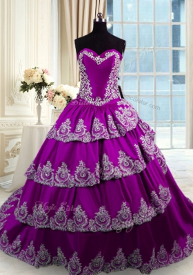 Eggplant Purple Ball Gowns Sweetheart Sleeveless Taffeta With Train Lace Up Beading and Appliques and Ruffled Layers Quinceanera Gowns