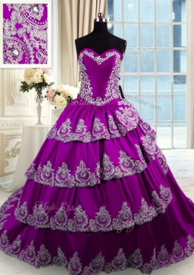 Eggplant Purple Ball Gowns Sweetheart Sleeveless Taffeta With Train Lace Up Beading and Appliques and Ruffled Layers Quinceanera Gowns
