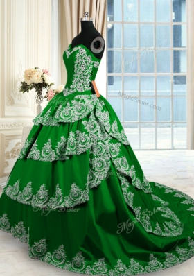 Fancy Sleeveless Taffeta With Train Court Train Lace Up 15 Quinceanera Dress in Dark Green for with Beading and Appliques and Ruffled Layers