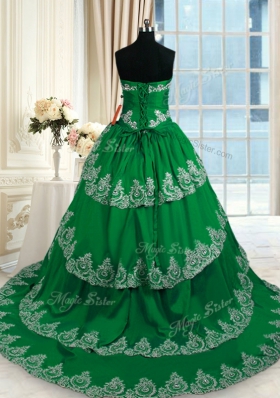 Fancy Sleeveless Taffeta With Train Court Train Lace Up 15 Quinceanera Dress in Dark Green for with Beading and Appliques and Ruffled Layers