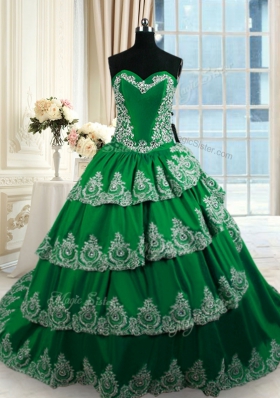 Fancy Sleeveless Taffeta With Train Court Train Lace Up 15 Quinceanera Dress in Dark Green for with Beading and Appliques and Ruffled Layers
