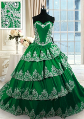 Fancy Sleeveless Taffeta With Train Court Train Lace Up 15 Quinceanera Dress in Dark Green for with Beading and Appliques and Ruffled Layers