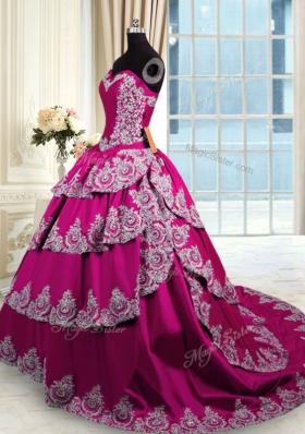 Flirting Sweetheart Sleeveless 15th Birthday Dress With Train Court Train Beading and Appliques and Embroidery and Ruffled Layers Fuchsia Taffeta