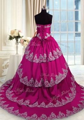 Flirting Sweetheart Sleeveless 15th Birthday Dress With Train Court Train Beading and Appliques and Embroidery and Ruffled Layers Fuchsia Taffeta