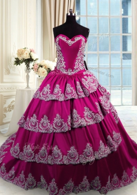 Flirting Sweetheart Sleeveless 15th Birthday Dress With Train Court Train Beading and Appliques and Embroidery and Ruffled Layers Fuchsia Taffeta