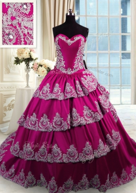 Flirting Sweetheart Sleeveless 15th Birthday Dress With Train Court Train Beading and Appliques and Embroidery and Ruffled Layers Fuchsia Taffeta