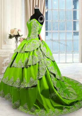 Green Taffeta Lace Up Vestidos de Quinceanera Sleeveless With Train Court Train Beading and Appliques and Ruffled Layers