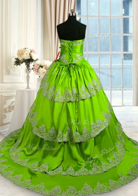Green Taffeta Lace Up Vestidos de Quinceanera Sleeveless With Train Court Train Beading and Appliques and Ruffled Layers