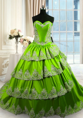 Green Taffeta Lace Up Vestidos de Quinceanera Sleeveless With Train Court Train Beading and Appliques and Ruffled Layers