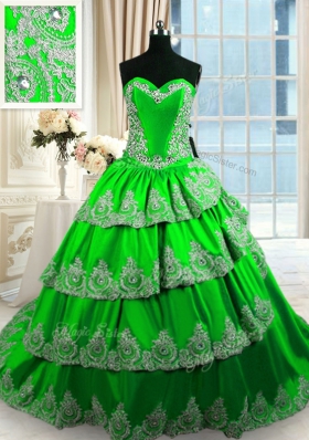 New Style Sleeveless With Train Beading and Appliques and Ruffled Layers Lace Up Quinceanera Gowns