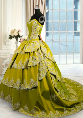 Ruffled Olive Green Sleeveless Taffeta Court Train Lace Up Quince Ball Gowns for Military Ball and Sweet 16 and Quinceanera