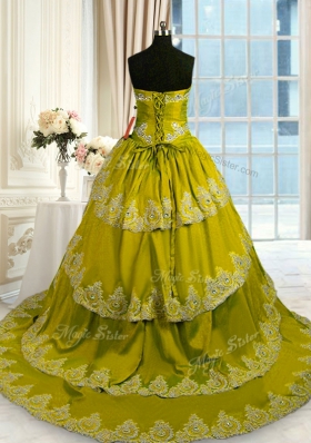 Ruffled Olive Green Sleeveless Taffeta Court Train Lace Up Quince Ball Gowns for Military Ball and Sweet 16 and Quinceanera