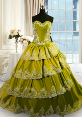 Ruffled Olive Green Sleeveless Taffeta Court Train Lace Up Quince Ball Gowns for Military Ball and Sweet 16 and Quinceanera