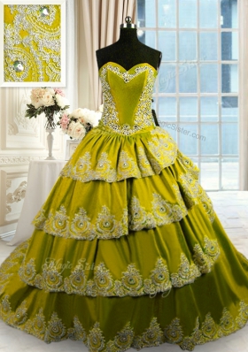 Ruffled Olive Green Sleeveless Taffeta Court Train Lace Up Quince Ball Gowns for Military Ball and Sweet 16 and Quinceanera