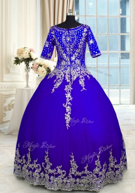 Simple V-neck Half Sleeves Ball Gown Prom Dress Floor Length Appliques and Ruffled Layers Blue Satin and Tulle