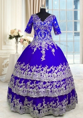 Simple V-neck Half Sleeves Ball Gown Prom Dress Floor Length Appliques and Ruffled Layers Blue Satin and Tulle