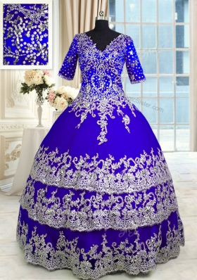 Simple V-neck Half Sleeves Ball Gown Prom Dress Floor Length Appliques and Ruffled Layers Blue Satin and Tulle